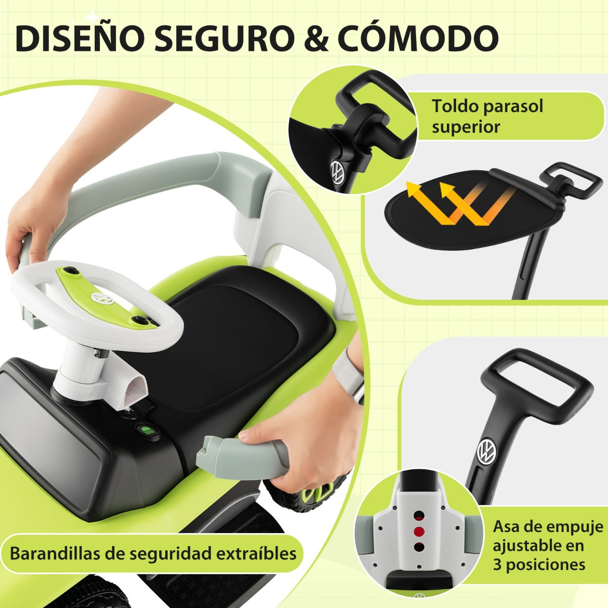 3 en 1 Correpasillo para Niños Volkswagen Coche de Empuje Carriola con Manillar Ajustable en 3 Posiciones Toldo Solar 96x40x93cm Verde