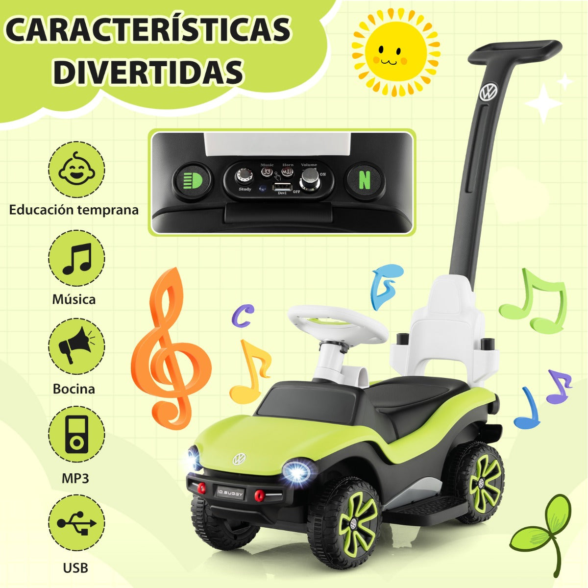 3 en 1 Correpasillo para Niños Volkswagen Coche de Empuje Carriola con Manillar Ajustable en 3 Posiciones Toldo Solar 96x40x93cm Verde