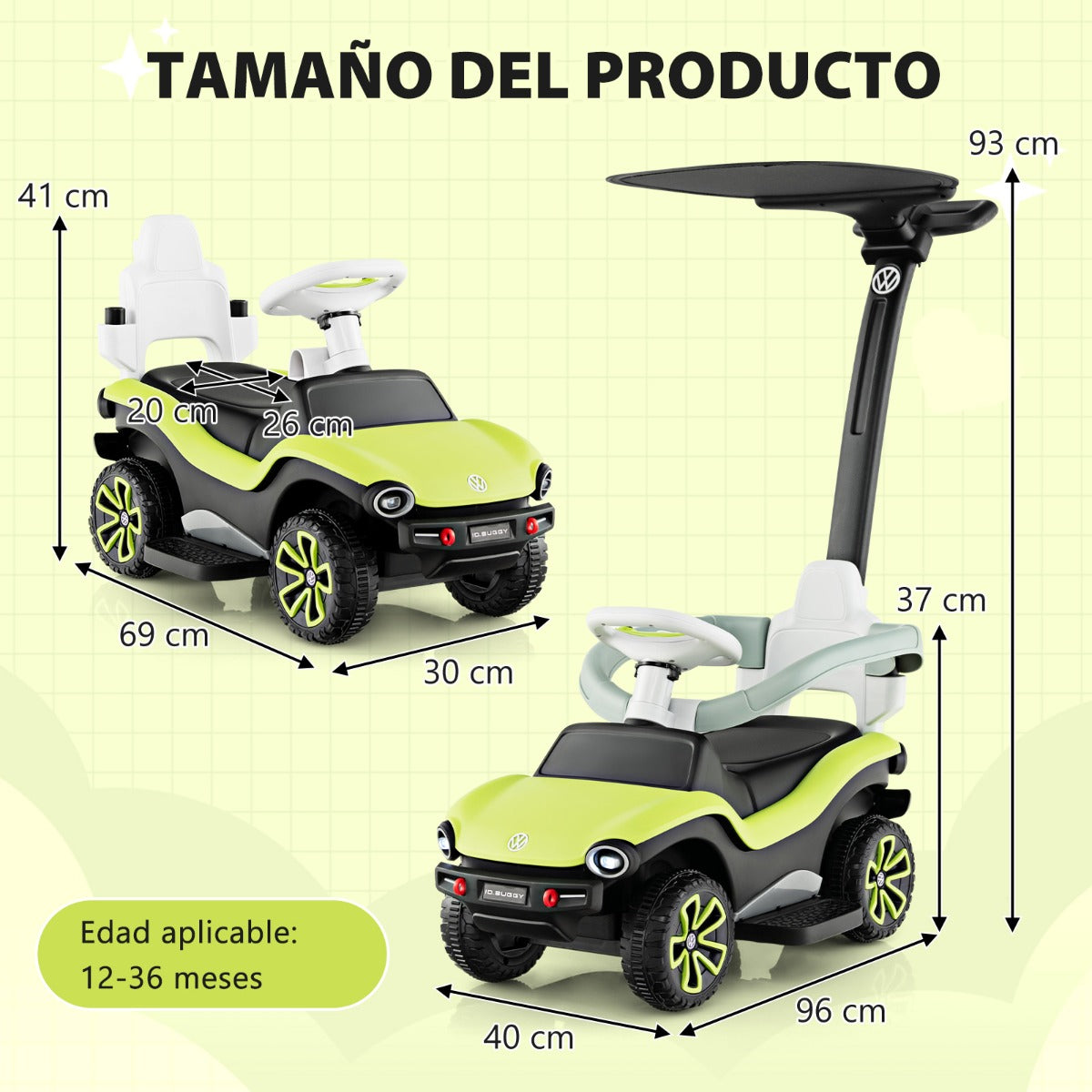 3 en 1 Correpasillo para Niños Volkswagen Coche de Empuje Carriola con Manillar Ajustable en 3 Posiciones Toldo Solar 96x40x93cm Verde