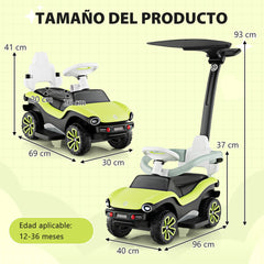 3 en 1 Correpasillo para Niños Volkswagen Coche de Empuje Carriola con Manillar Ajustable en 3 Posiciones Toldo Solar 96x40x93cm Verde
