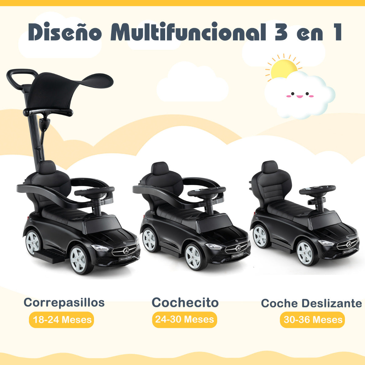 Coche Deslizante 3 en 1 para Niños Coche de Juguete con Barra de Empuje Capota Ajustable Pedal y Bocina para Niños de 18-36 Meses Negro