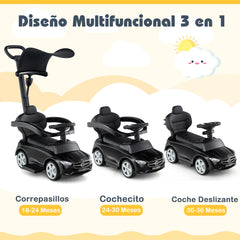 Coche Deslizante 3 en 1 para Niños Coche de Juguete con Barra de Empuje Capota Ajustable Pedal y Bocina para Niños de 18-36 Meses Negro