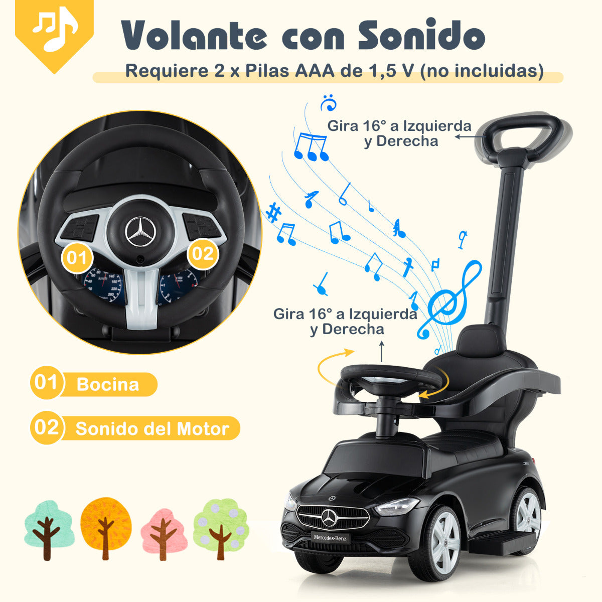 Coche Deslizante 3 en 1 para Niños Coche de Juguete con Barra de Empuje Capota Ajustable Pedal y Bocina para Niños de 18-36 Meses Negro