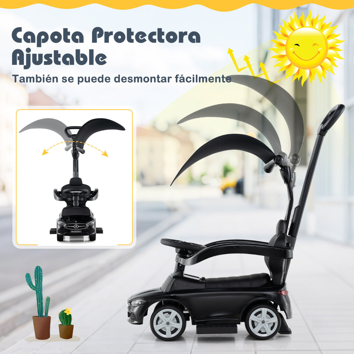 Coche Deslizante 3 en 1 para Niños Coche de Juguete con Barra de Empuje Capota Ajustable Pedal y Bocina para Niños de 18-36 Meses Negro