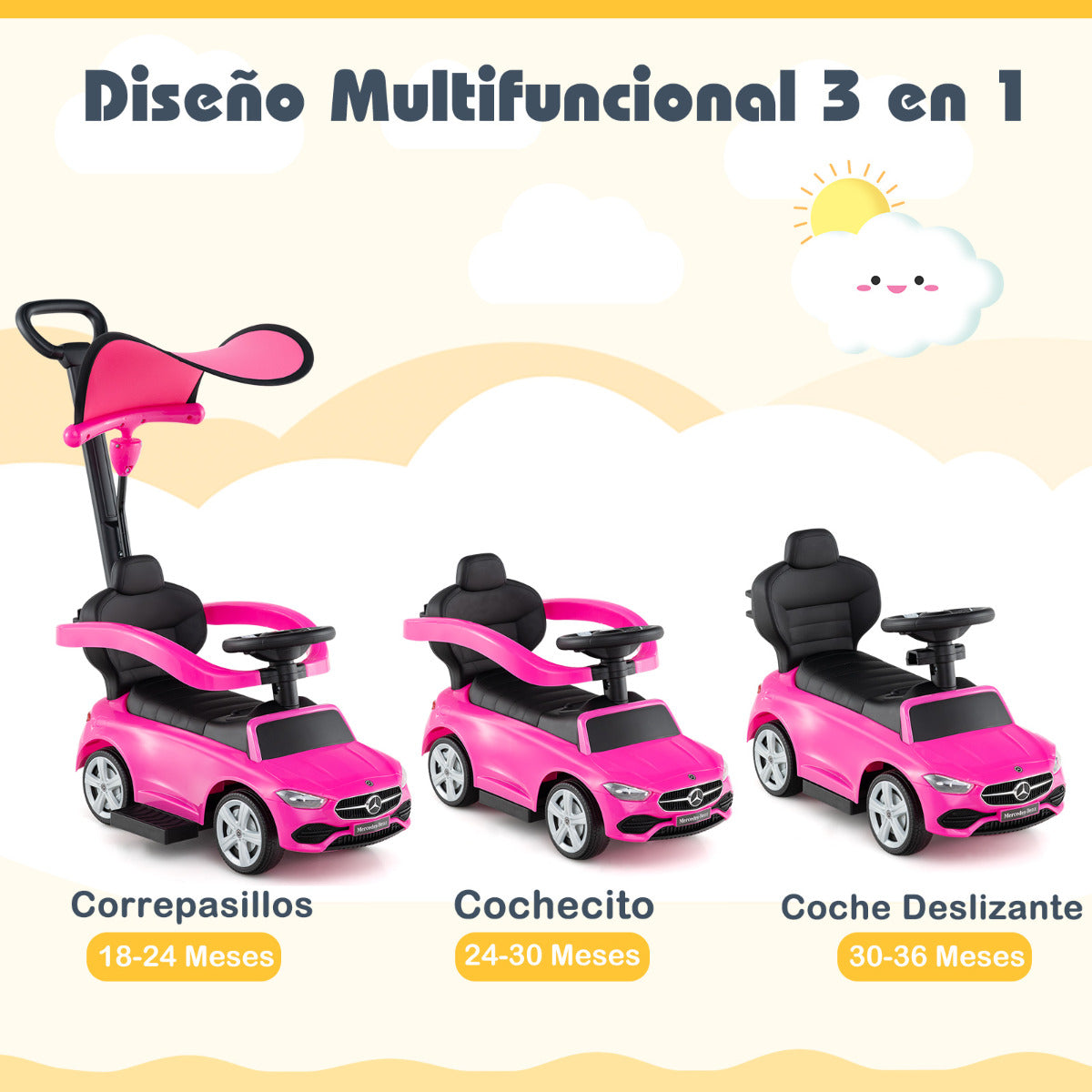 Coche Deslizante 3 en 1 para Niños Coche de Juguete con Barra de Empuje Capota Ajustable Pedal y Bocina para Niños de 18-36 Meses Rosa