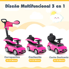 Coche Deslizante 3 en 1 para Niños Coche de Juguete con Barra de Empuje Capota Ajustable Pedal y Bocina para Niños de 18-36 Meses Rosa