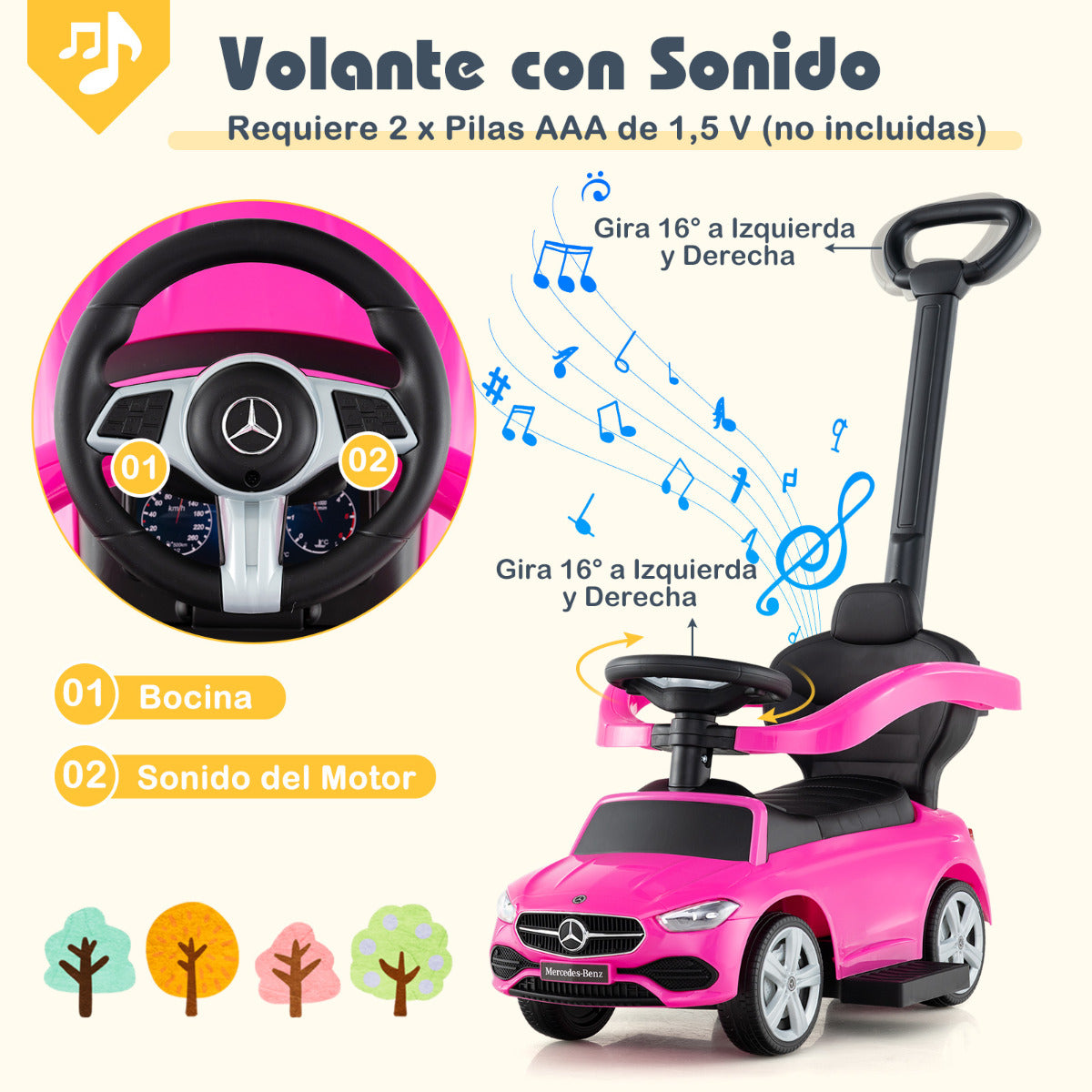 Coche Deslizante 3 en 1 para Niños Coche de Juguete con Barra de Empuje Capota Ajustable Pedal y Bocina para Niños de 18-36 Meses Rosa