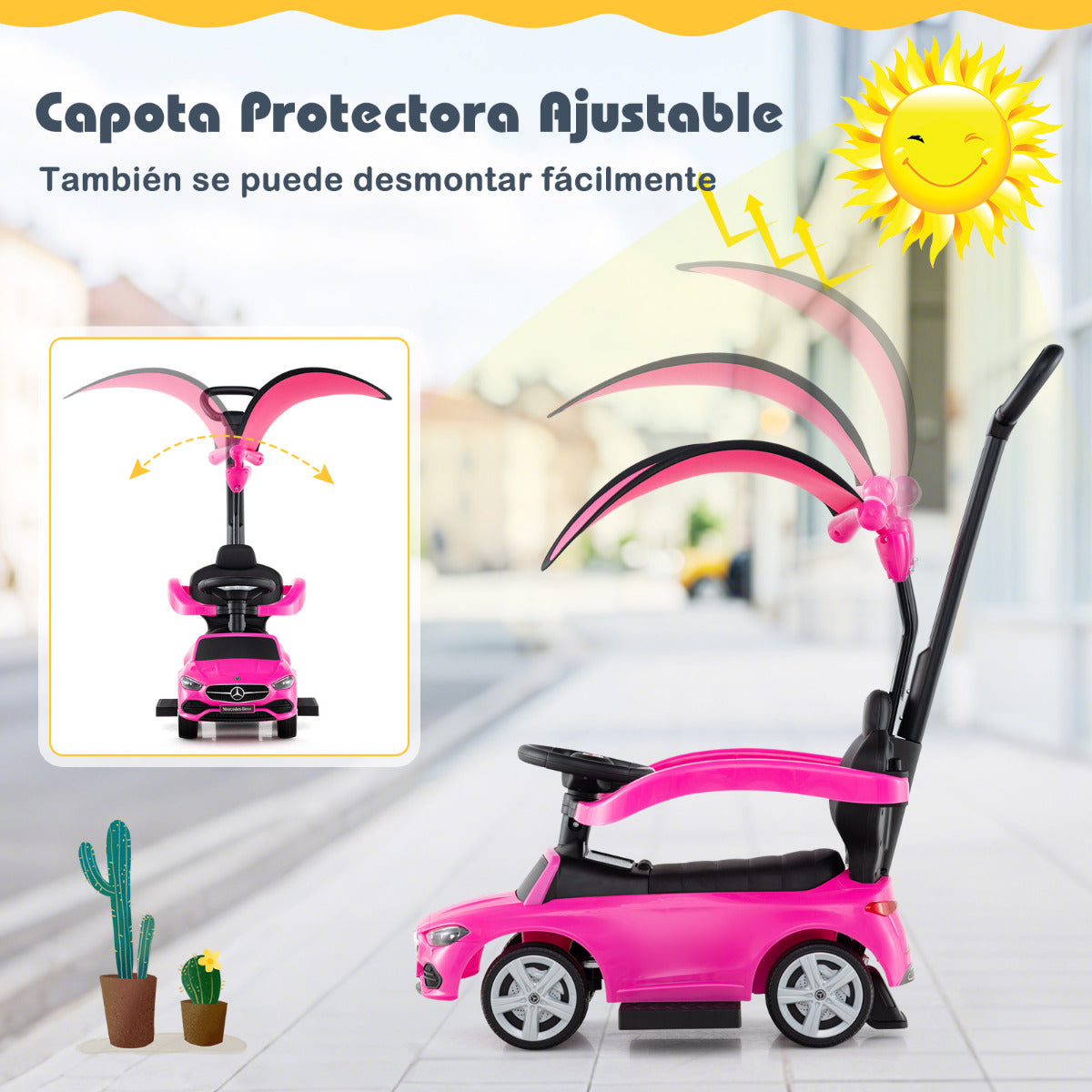 Coche Deslizante 3 en 1 para Niños Coche de Juguete con Barra de Empuje Capota Ajustable Pedal y Bocina para Niños de 18-36 Meses Rosa