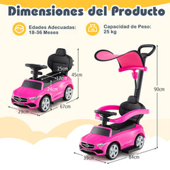 Coche Deslizante 3 en 1 para Niños Coche de Juguete con Barra de Empuje Capota Ajustable Pedal y Bocina para Niños de 18-36 Meses Rosa