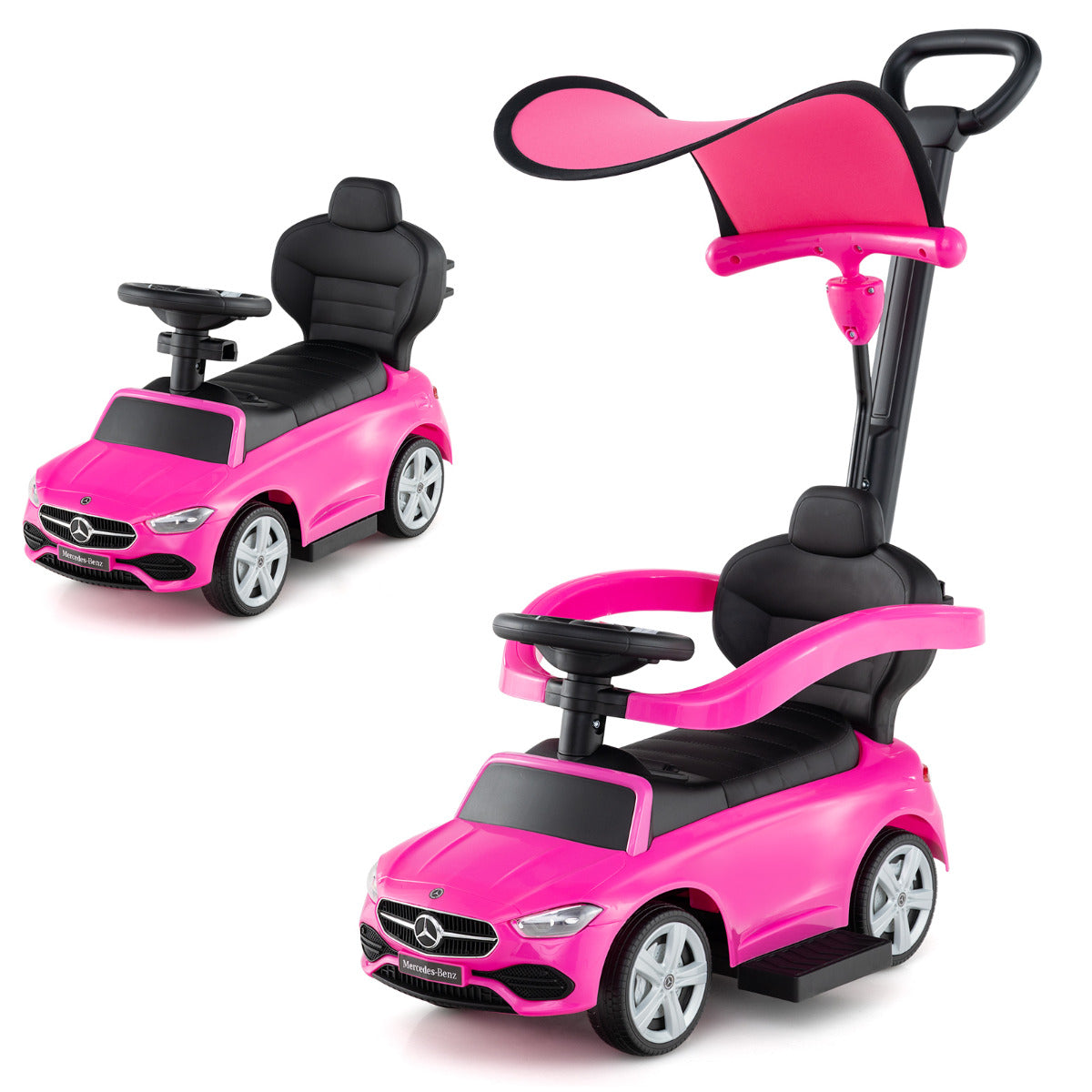 Coche Deslizante 3 en 1 para Niños Coche de Juguete con Barra de Empuje Capota Ajustable Pedal y Bocina para Niños de 18-36 Meses Rosa