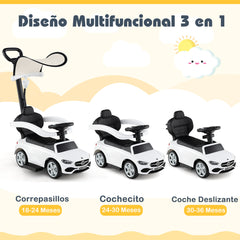 Coche Deslizante 3 en 1 para Niños Coche de Juguete con Barra de Empuje Capota Ajustable Pedal y Bocina para Niños de 18-36 Meses Blanco