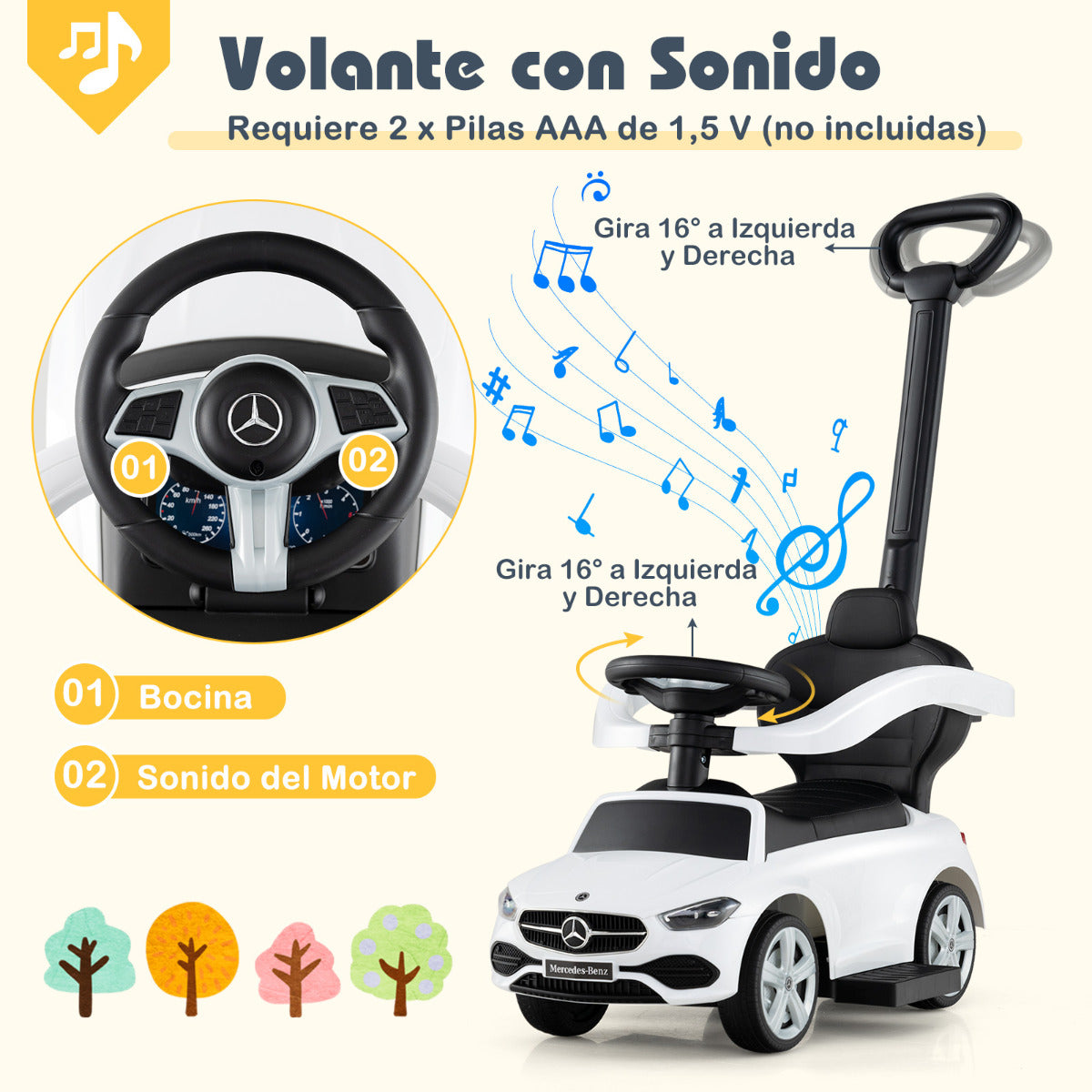Coche Deslizante 3 en 1 para Niños Coche de Juguete con Barra de Empuje Capota Ajustable Pedal y Bocina para Niños de 18-36 Meses Blanco