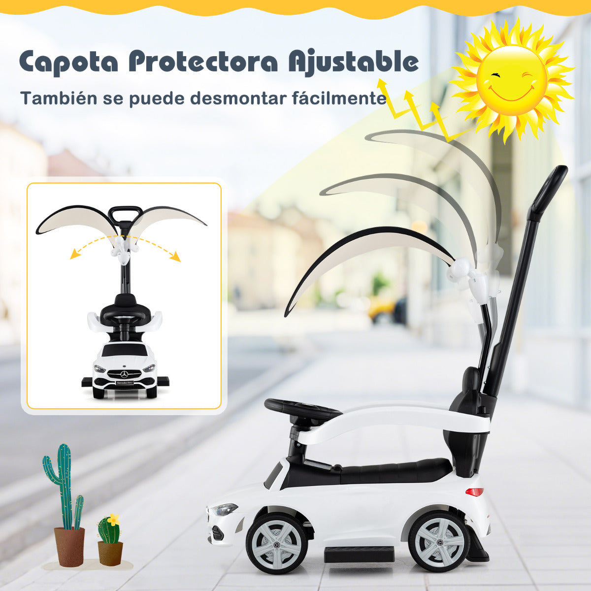 Coche Deslizante 3 en 1 para Niños Coche de Juguete con Barra de Empuje Capota Ajustable Pedal y Bocina para Niños de 18-36 Meses Blanco