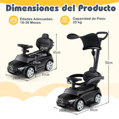 Coche Deslizante 3 en 1 para Niños Coche de Juguete con Barra de Empuje Capota Ajustable Pedal y Bocina para Niños de 18-36 Meses Blanco