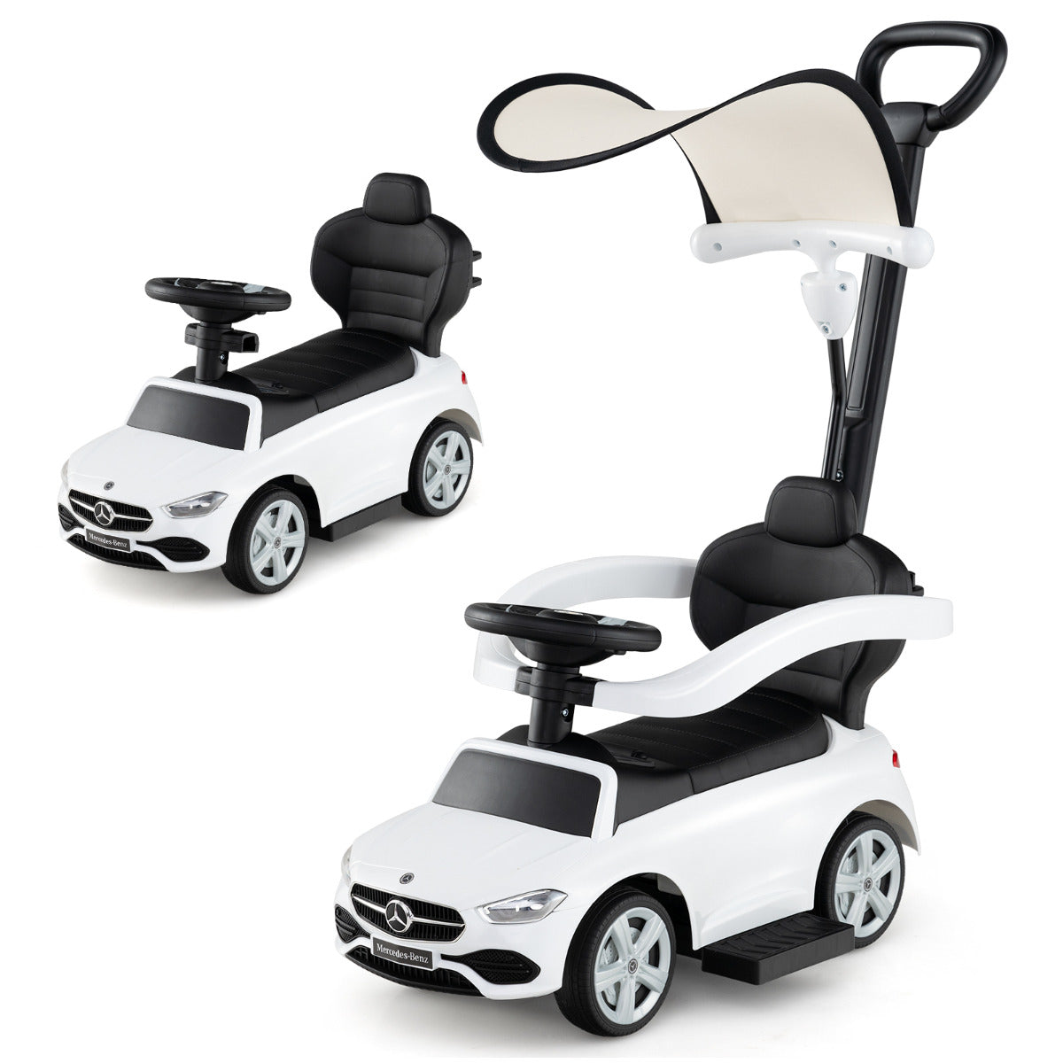 Coche Deslizante 3 en 1 para Niños Coche de Juguete con Barra de Empuje Capota Ajustable Pedal y Bocina para Niños de 18-36 Meses Blanco