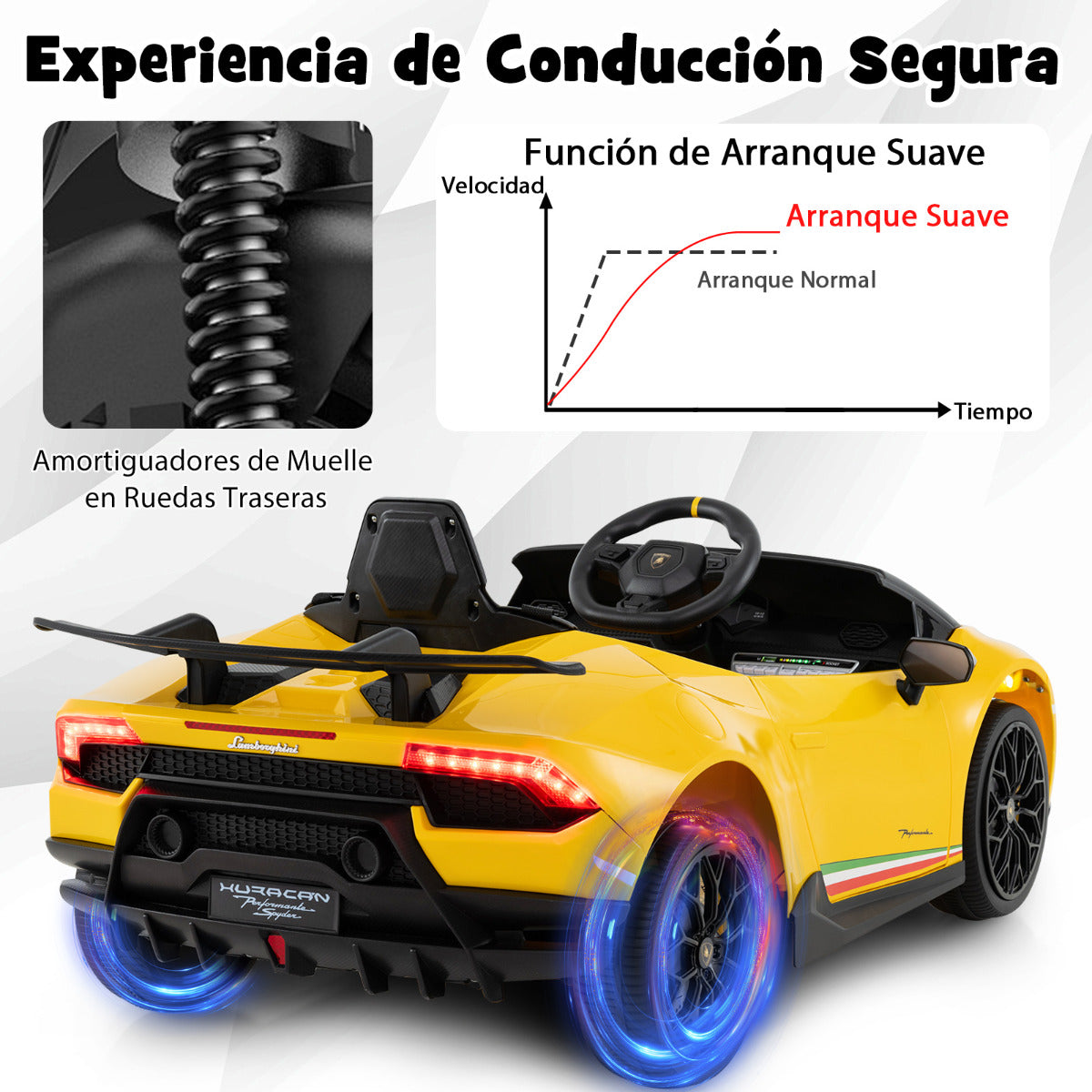 Coche Eléctrico para Niños con Licencia Lamborghini Coche Deportivo 12V con Control Remoto Luces LED Música Bocina Arranque Suave Amarillo