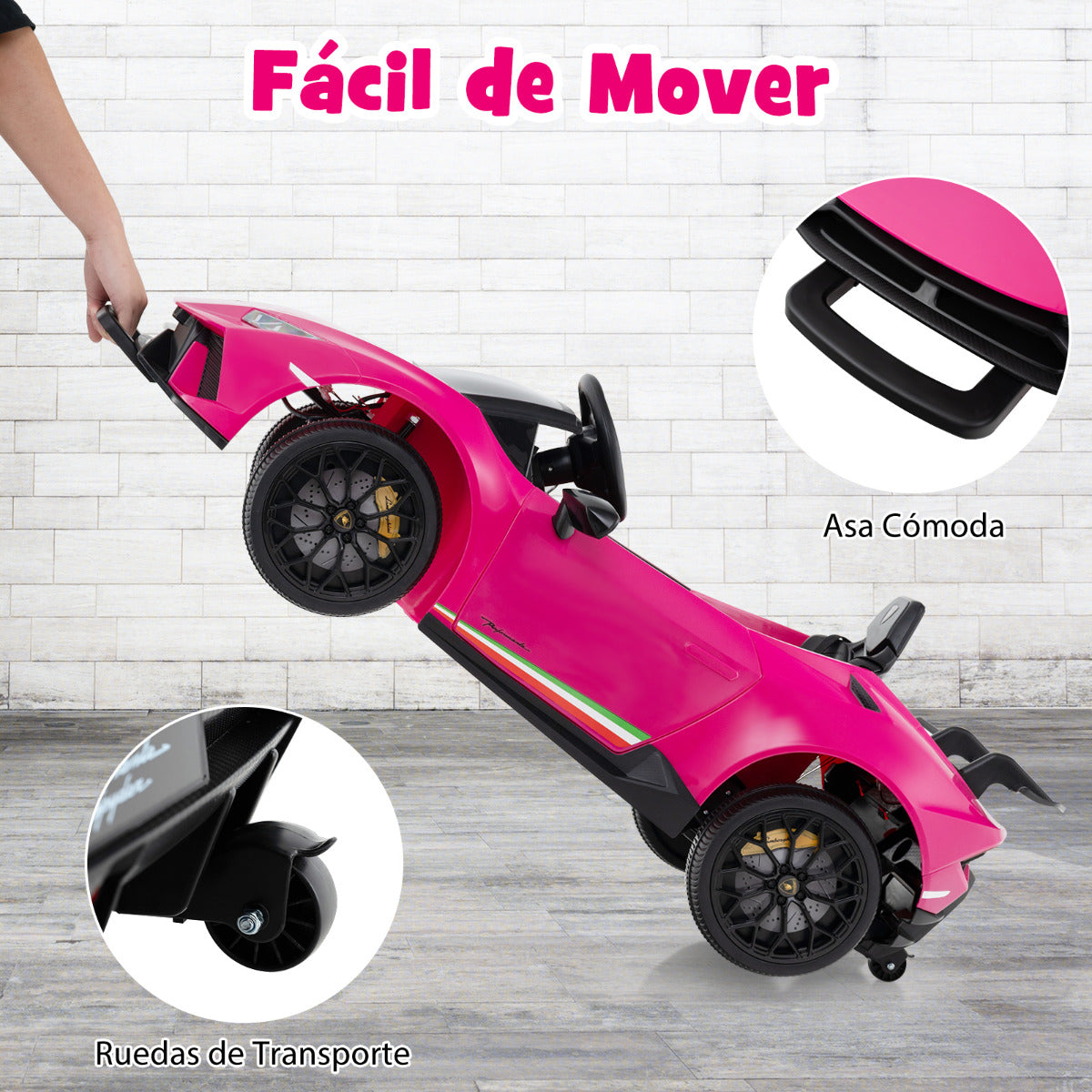 Coche Eléctrico para Niños con Licencia Lamborghini Coche Deportivo 12V con Control Remoto Luces LED Música Bocina Arranque Suave Rosa