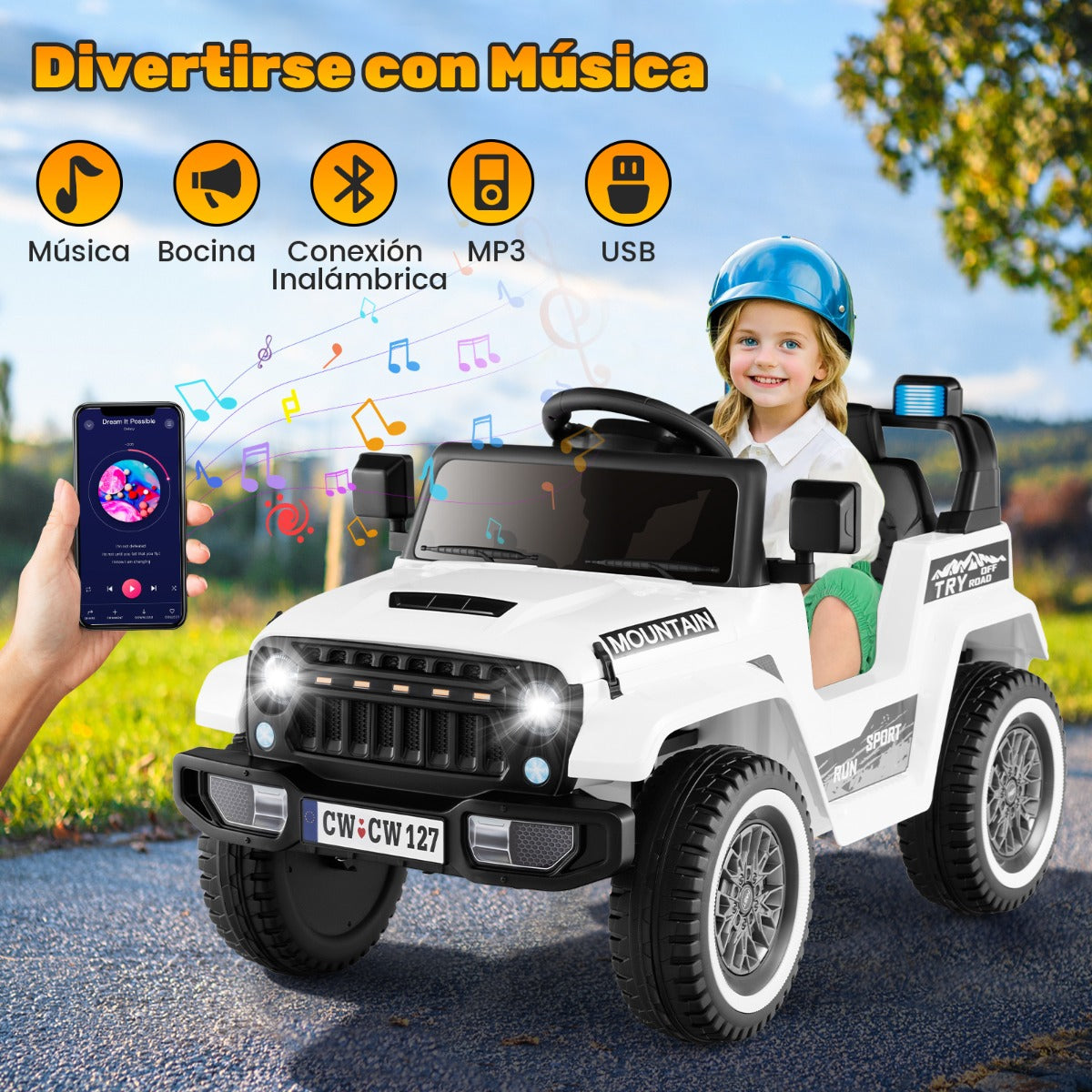 Coche Eléctrico para Niños de 12V Motor Dual 3 Velocidades Suspensión de 4 Resortes Arranque y Parada Suave Música Bocina Inalámbrico Blanco