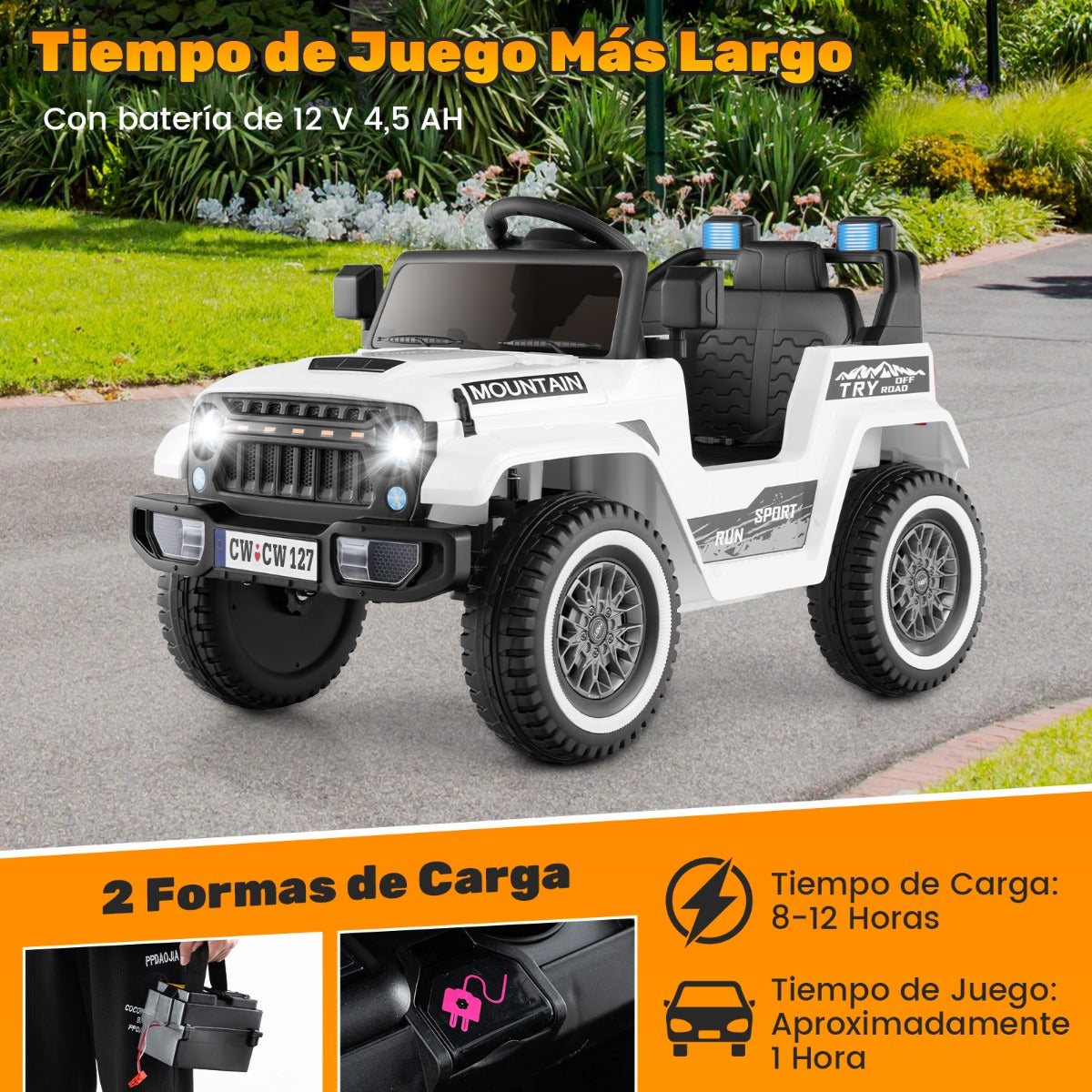 Coche Eléctrico para Niños de 12V Motor Dual 3 Velocidades Suspensión de 4 Resortes Arranque y Parada Suave Música Bocina Inalámbrico Blanco