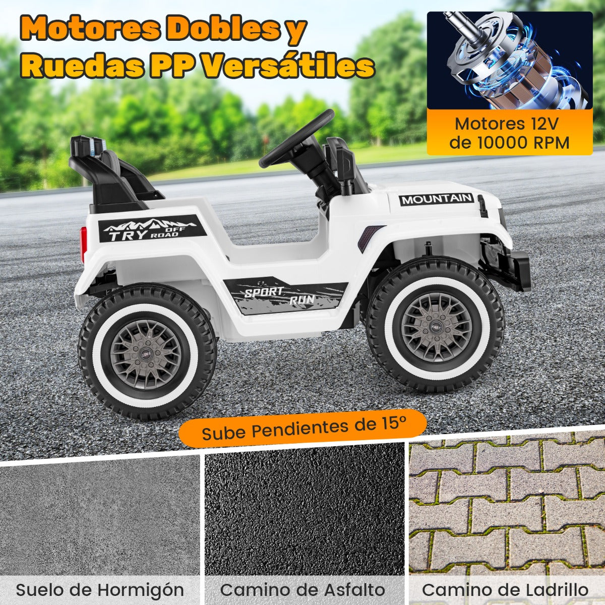 Coche Eléctrico para Niños de 12V Motor Dual 3 Velocidades Suspensión de 4 Resortes Arranque y Parada Suave Música Bocina Inalámbrico Blanco