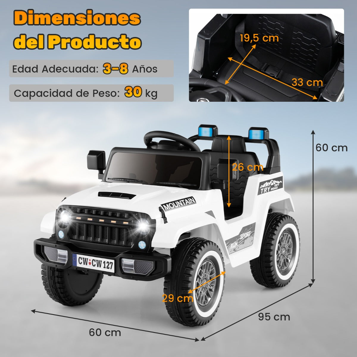 Coche Eléctrico para Niños de 12V Motor Dual 3 Velocidades Suspensión de 4 Resortes Arranque y Parada Suave Música Bocina Inalámbrico Blanco