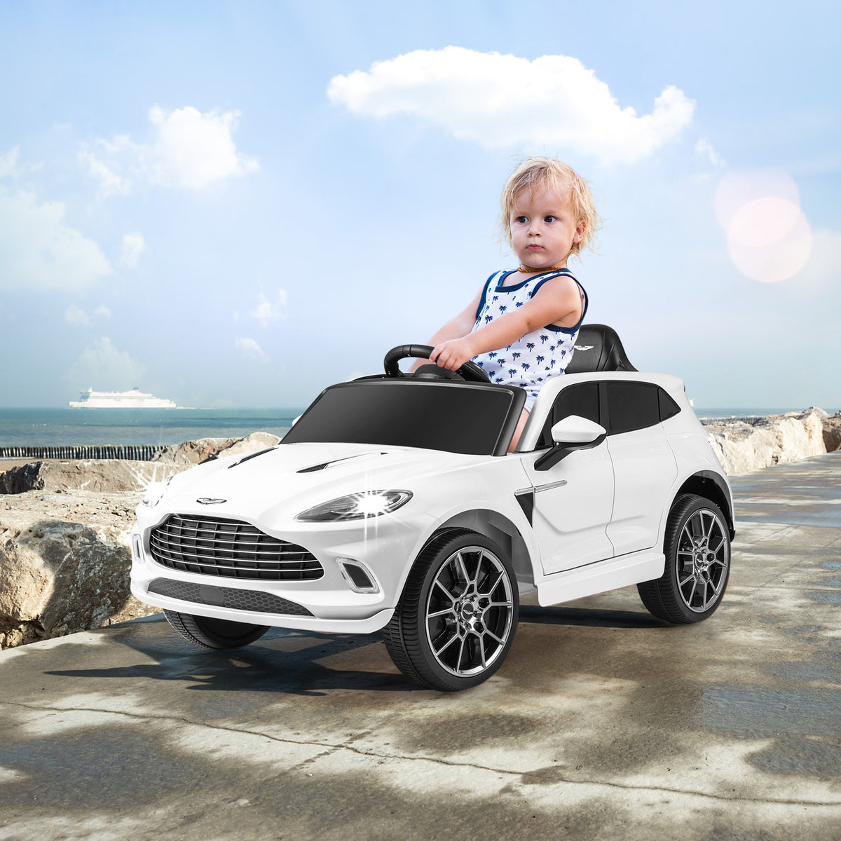 12V Coche Eléctrico para Niños Aston Martin DBX con Puertas Dobles Bloqueables Control Remoto Arranque Lento Luces LED USB Bocina Blanco