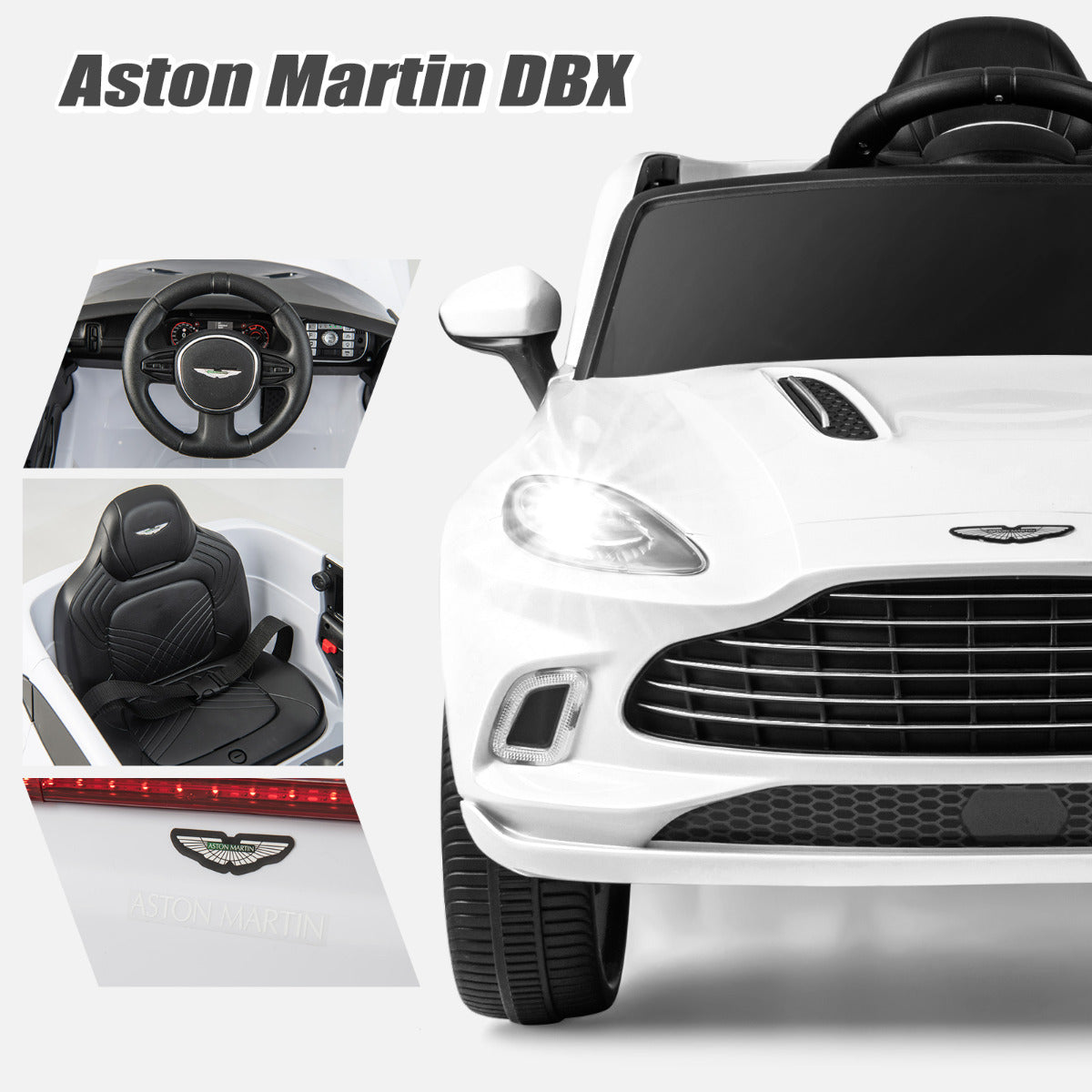 12V Coche Eléctrico para Niños Aston Martin DBX con Puertas Dobles Bloqueables Control Remoto Arranque Lento Luces LED USB Bocina Blanco