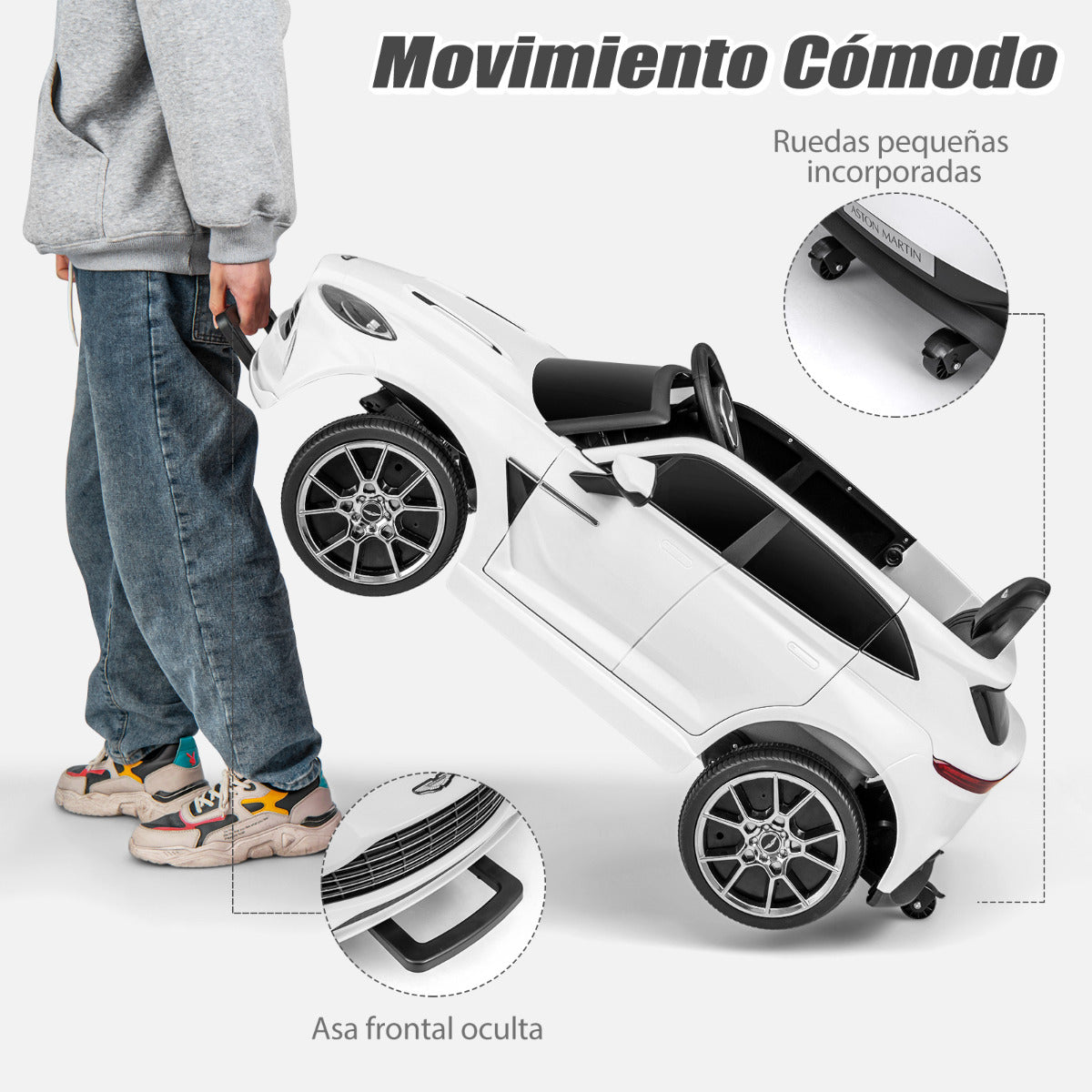 12V Coche Eléctrico para Niños Aston Martin DBX con Puertas Dobles Bloqueables Control Remoto Arranque Lento Luces LED USB Bocina Blanco