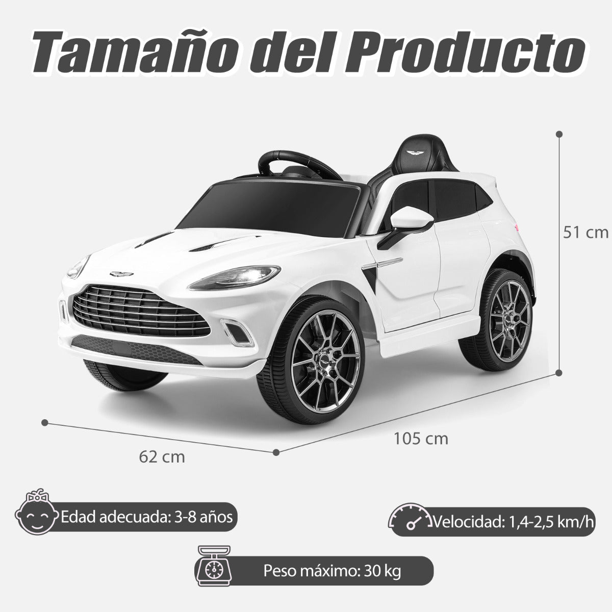 12V Coche Eléctrico para Niños Aston Martin DBX con Puertas Dobles Bloqueables Control Remoto Arranque Lento Luces LED USB Bocina Blanco