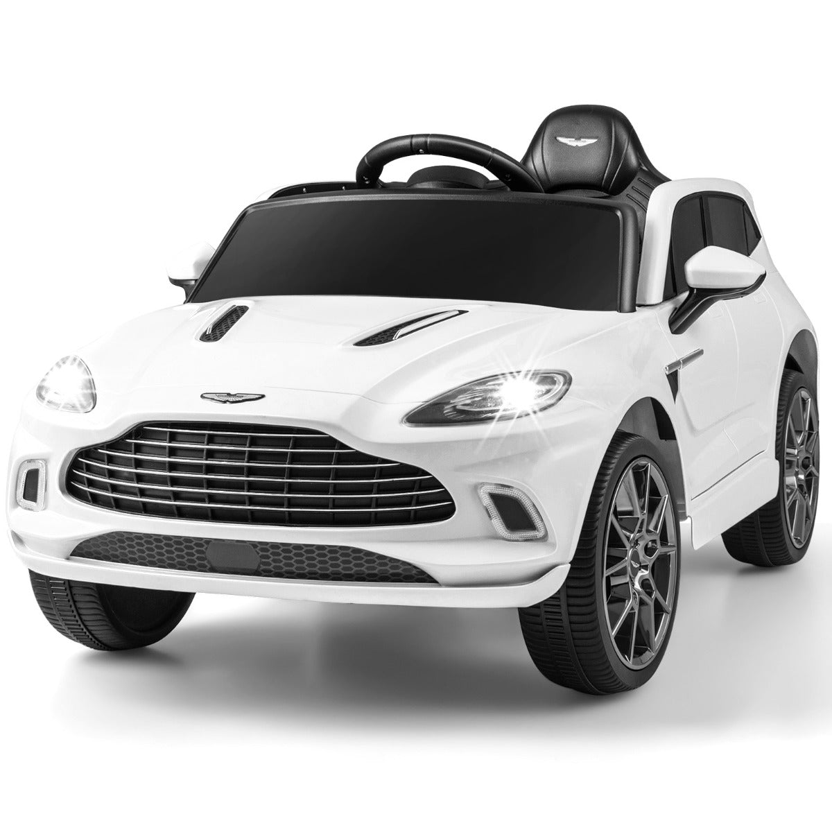 12V Coche Eléctrico para Niños Aston Martin DBX con Puertas Dobles Bloqueables Control Remoto Arranque Lento Luces LED USB Bocina Blanco