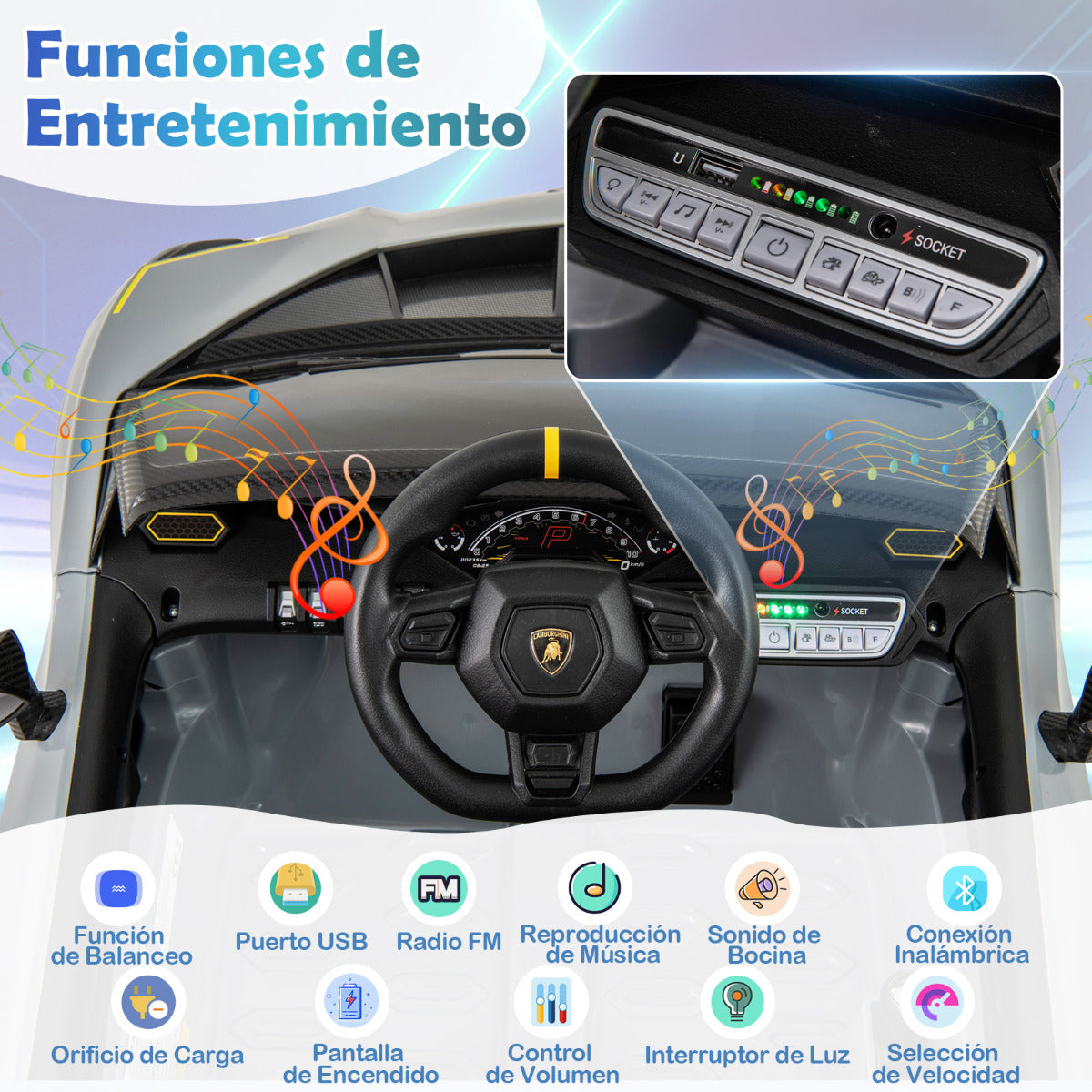 Coche para Niños con Licencia Lamborghini de 12 V Eléctrico de Batería 4WD Juguete con Control Remoto Luces LED Sonido 3 Velocidades Gris
