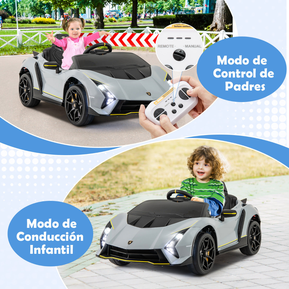 Coche para Niños con Licencia Lamborghini de 12 V Eléctrico de Batería 4WD Juguete con Control Remoto Luces LED Sonido 3 Velocidades Gris
