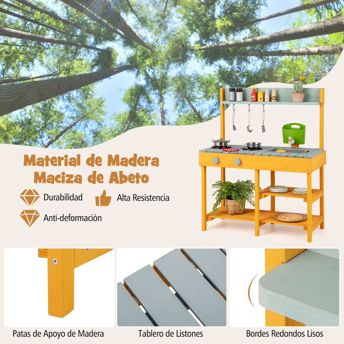 Cocina Juguete Infantil de Madera Juego de Cocinita con Caja de Agua Grifo Realista Fregadero Desmontable para Niños de 3+ Años-Naranja
