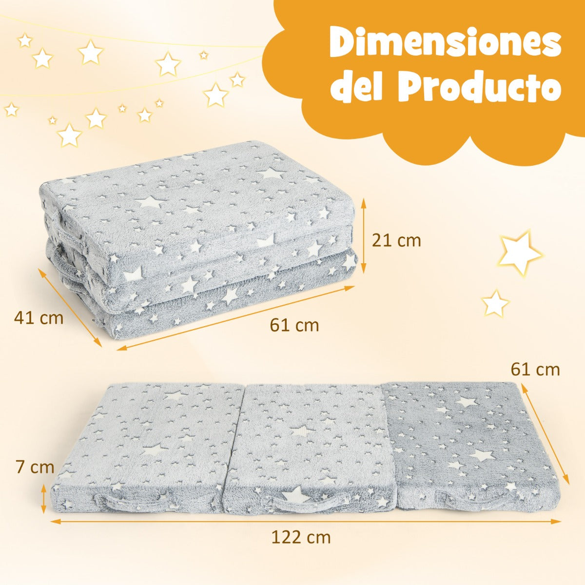 Colchoneta de Suelo Plegable para Niños Colchón de Siesta Brilla en la Oscuridad con Funda Extraíble y Lavable Futón Cama con Bolsa Gris