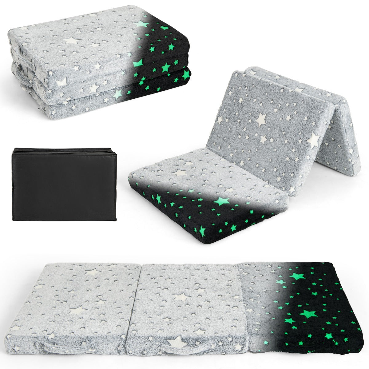 Colchoneta de Suelo Plegable para Niños Colchón de Siesta Brilla en la Oscuridad con Funda Extraíble y Lavable Futón Cama con Bolsa Gris