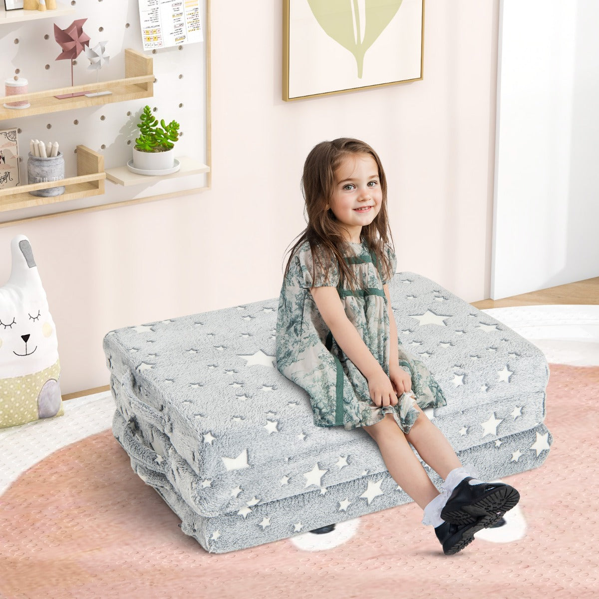 Colchoneta de Suelo Plegable para Niños Colchón de Siesta Brilla en la Oscuridad con Funda Extraíble y Lavable Futón Cama con Bolsa Gris