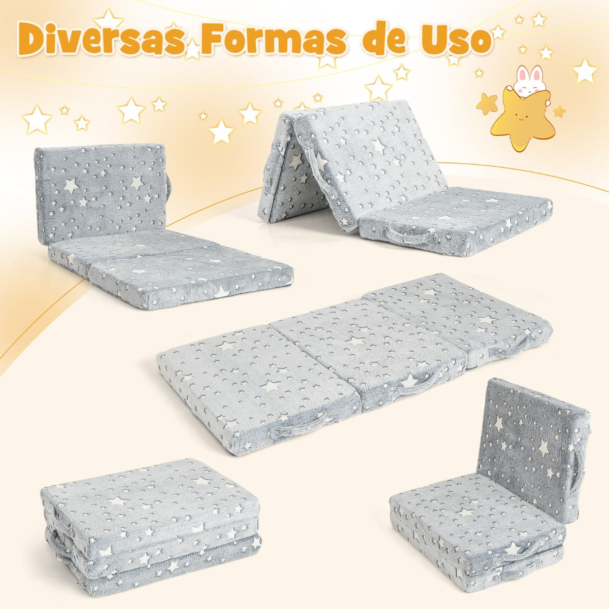 Colchoneta de Suelo Plegable para Niños Colchón de Siesta Brilla en la Oscuridad con Funda Extraíble y Lavable Futón Cama con Bolsa Gris