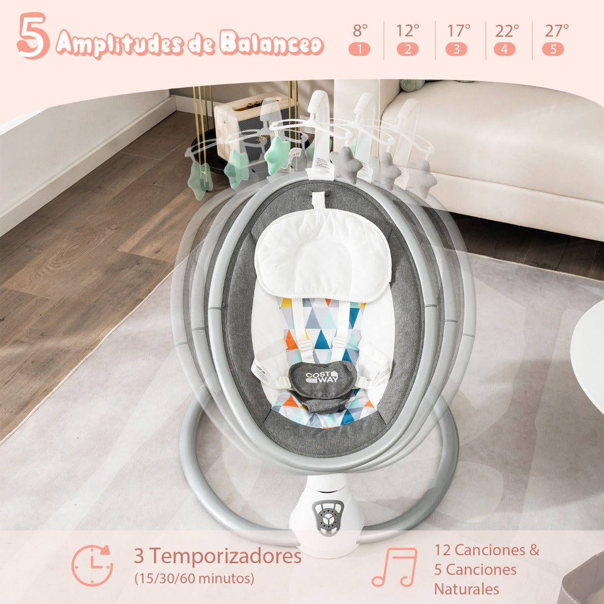 Columpio Eléctrico para Bebé con 5 Niveles de Oscilación Temporizador Cinturón de Seguridad Juguetes Altavoz y Control Remoto Gris