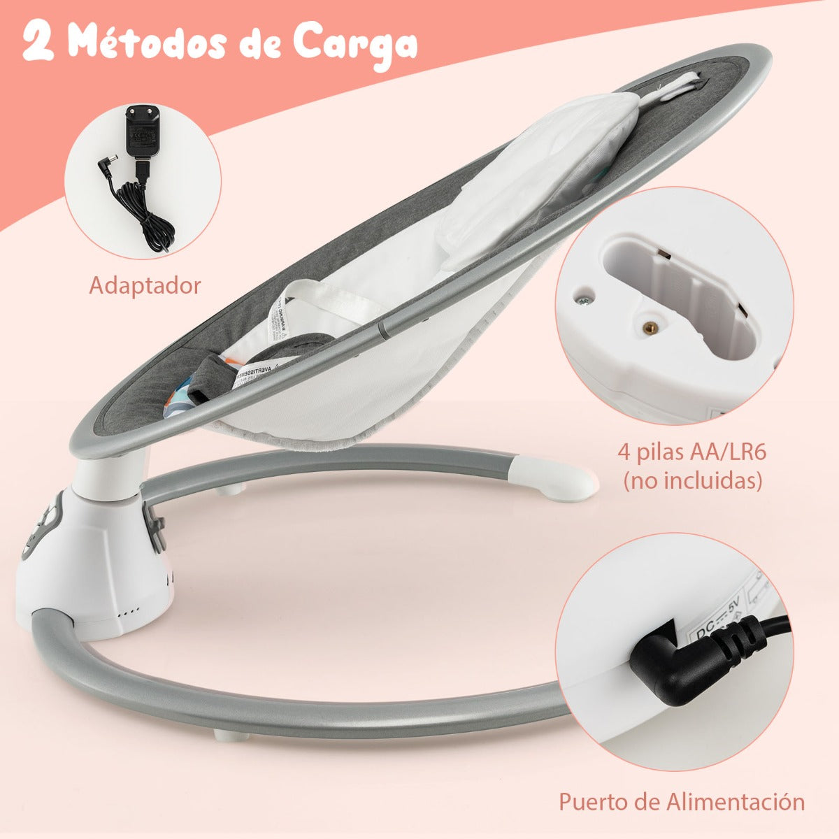 Columpio Eléctrico para Bebé con 5 Niveles de Oscilación Temporizador Cinturón de Seguridad Juguetes Altavoz y Control Remoto Gris