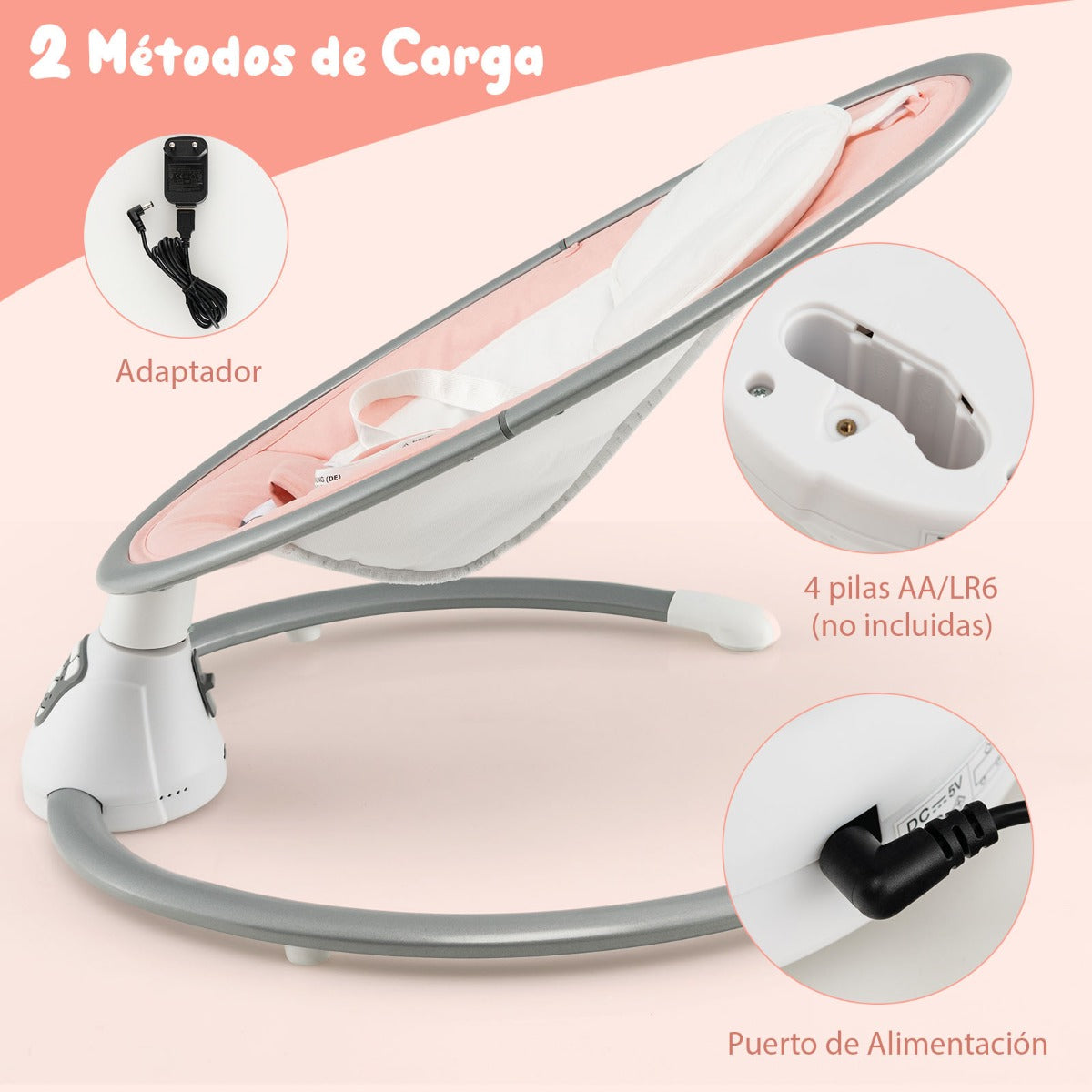 Columpio Eléctrico para Bebé con 5 Niveles de Oscilación Temporizador Cinturón de Seguridad Juguetes Altavoz y Control Remoto Rosa