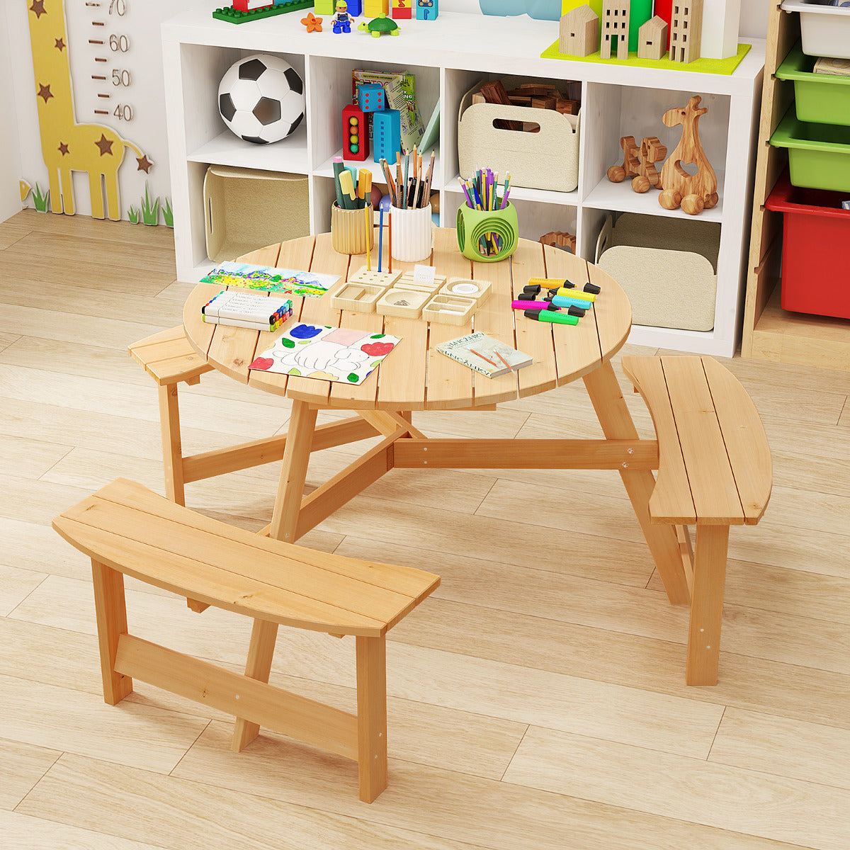 Conjunto de Mesa y Bancos de Picnic para Niños de Madera para Exterior Mesa de Actividades y Comedor con Agujero para Sombrilla Natural