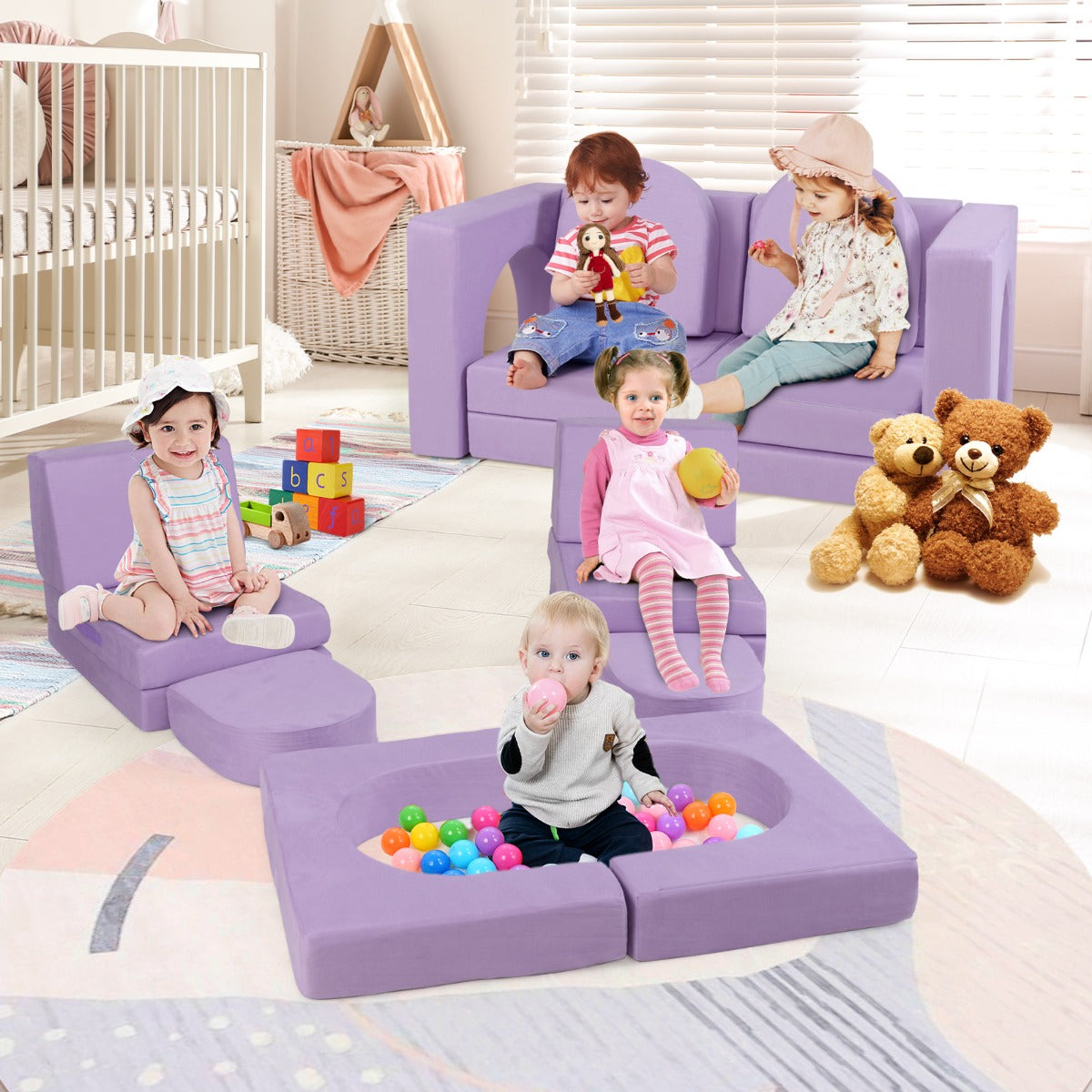 Sofá Modular para Niños de 8 Piezas Juego de Escalera y Rampa de Espuma Convertible con Tejido Suede Cómodo Fundas Set de Espuma Púrpura