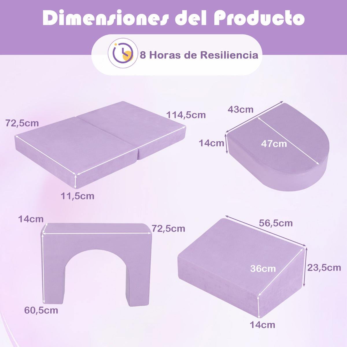 Sofá Modular para Niños de 8 Piezas Juego de Escalera y Rampa de Espuma Convertible con Tejido Suede Cómodo Fundas Set de Espuma Púrpura