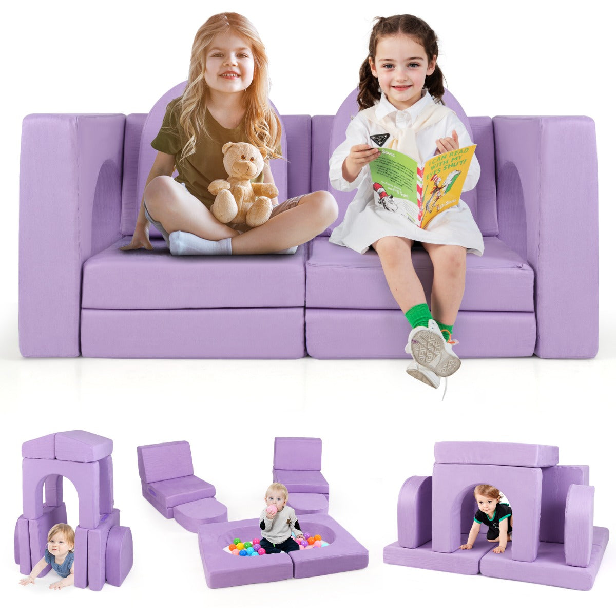 Sofá Modular para Niños de 8 Piezas Juego de Escalera y Rampa de Espuma Convertible con Tejido Suede Cómodo Fundas Set de Espuma Púrpura