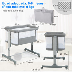 3 en 1 Cuna Infantil de Viaje con Altura Ajustable en 5 Niveles Inclinación de 10° Colchón Transpirable Bolsa para Bebés Gris Claro