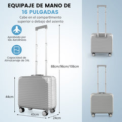 Equipaje de Mano con Ruedas Giratorias Cerradura TSA para Negocios Maleta Rígida para PC Valija de Viaje 43 x 44 x 88-106 cm Plateado
