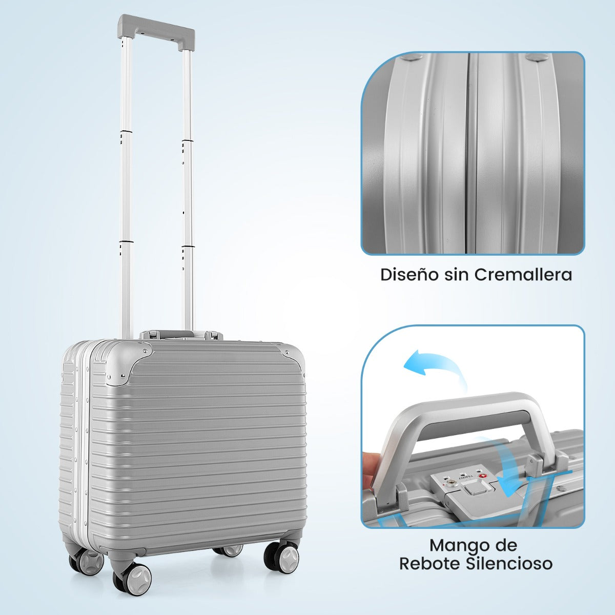 Equipaje de Mano con Ruedas Giratorias Cerradura TSA para Negocios Maleta Rígida para PC Valija de Viaje 43 x 44 x 88-106 cm Plateado
