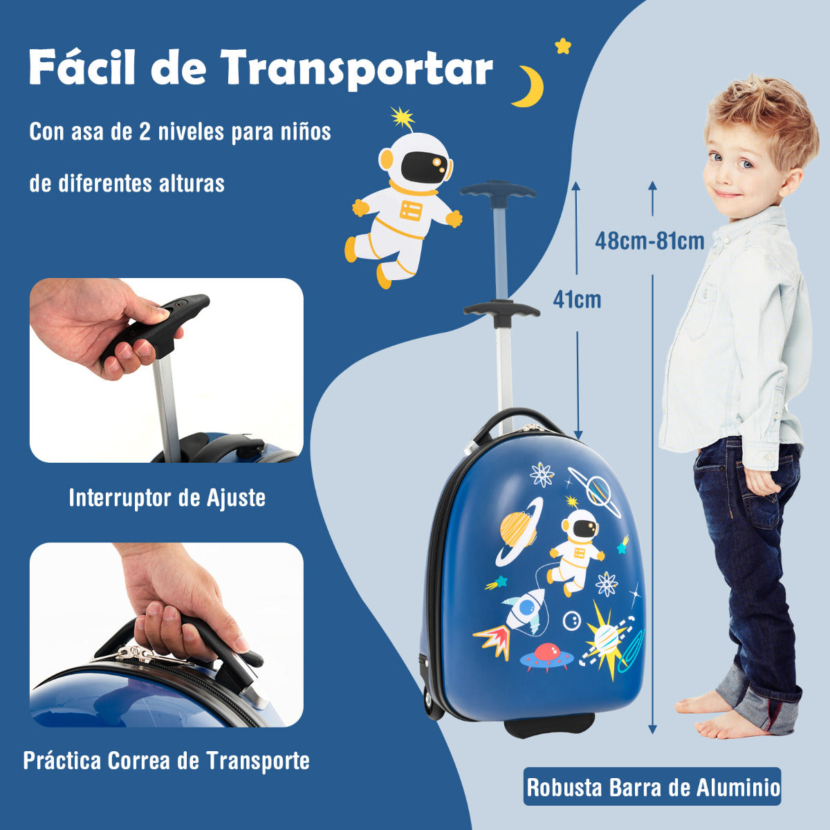 Equipaje de Mano Infantil con Ruedas Maleta Rígida de Viaje con Asa de Aluminio 2 Niveles Portátil para Niños Aprobado por Aerolíneas Azul