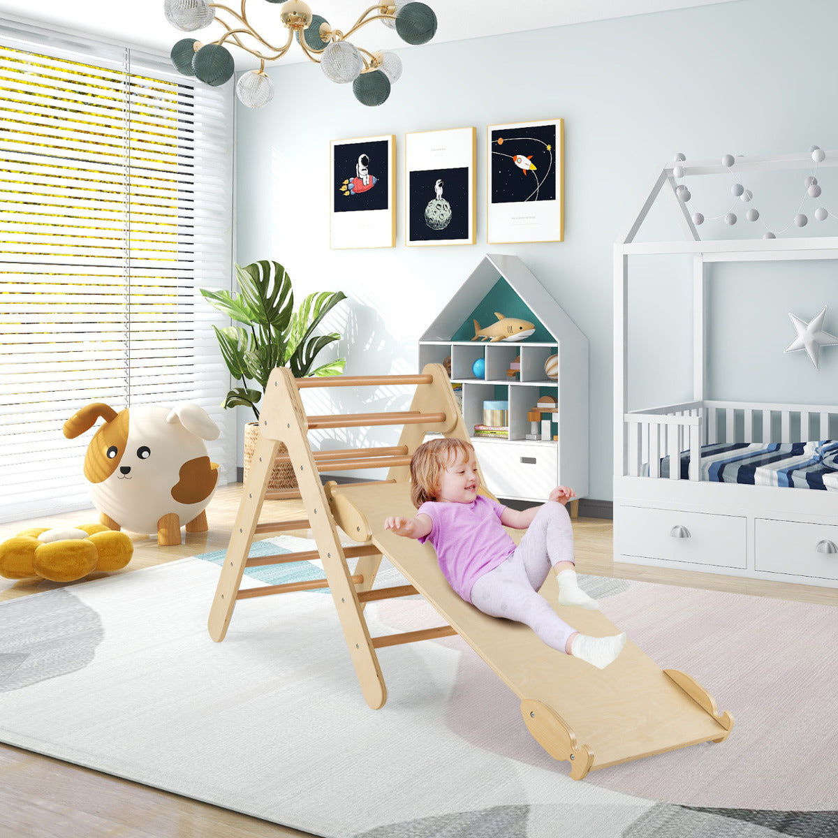 Escalador Triangular de Madera 3 en 1 con Rampa Ajustable para Escalar y Deslizarse Juguete Triángulo de Escalada para Niños Natural