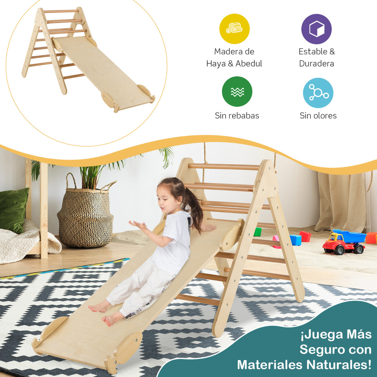 Escalador Triangular de Madera 3 en 1 con Rampa Ajustable para Escalar y Deslizarse Juguete Triángulo de Escalada para Niños Natural